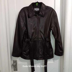 CHARLES KLEIN BELTED WOMEN'S LEATHER JACKET - BROWN - SIZE: MED SEE MEASUREMENTS